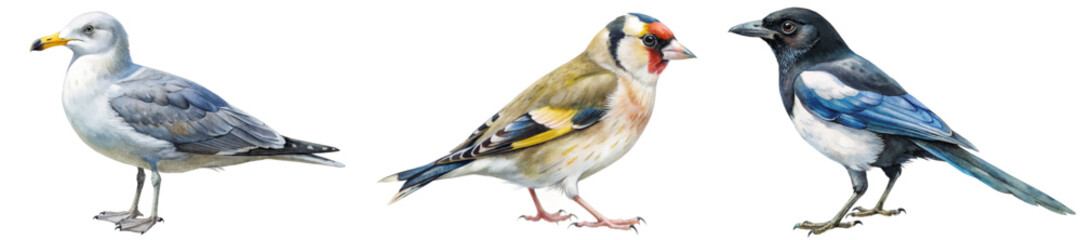 Realistic bird illustrations, detailed feathers, nature artwork, wildlife representation, educational purposes, vibrant colors.