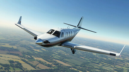 Obraz premium High-end private jet flying through clear skies with a white exterior, small windows visible on the side and back, representing elite aviation and luxurious air travel experiences.