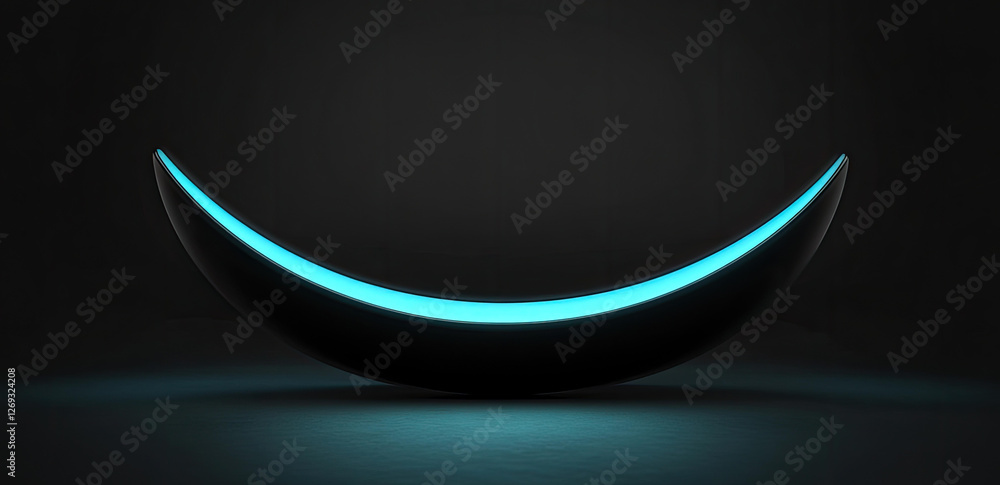 Poster futuristic crescent shaped object with glowing cyan light neon illumination in dark setting abstract
