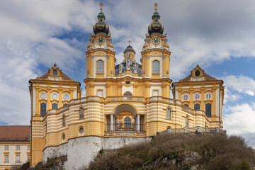 Melk, Austria - February 24, 2023: View of Melk Abbey with Collegiate Church towers on background...