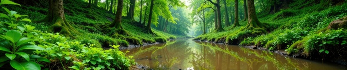 Steep-sided bog with lush green vegetation and muddy terrain, wetland, vegetation