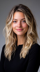 Naklejka premium young woman with wavy blonde hair and warm smile, wearing black top