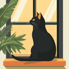 A cozy 2D vector of a cat sitting on a windowsill gazing outside.