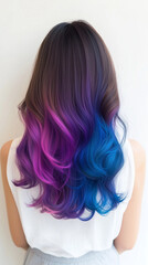 Naklejka premium Vibrant gradient hair with purple and blue hues, showcasing stylish waves