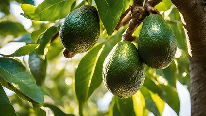 Fully grown avocado fruits flourishing on the tree as a cultivated crop