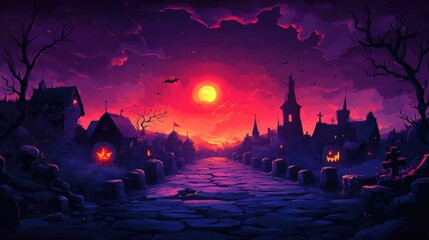 Eerie Halloween Night Landscape with Moonlit Sky and Spooky Village, Generated AI