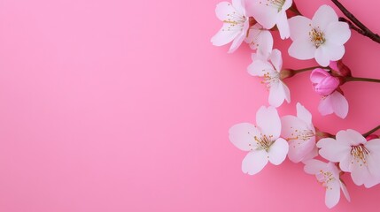 Fototapeta premium Gentle Pink Background with Delicate White Cherry Blossom Branches in Studio Shot