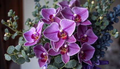 Fototapeta premium Stunning bouquet of pink orchids with eucalyptus and decorative ribbon