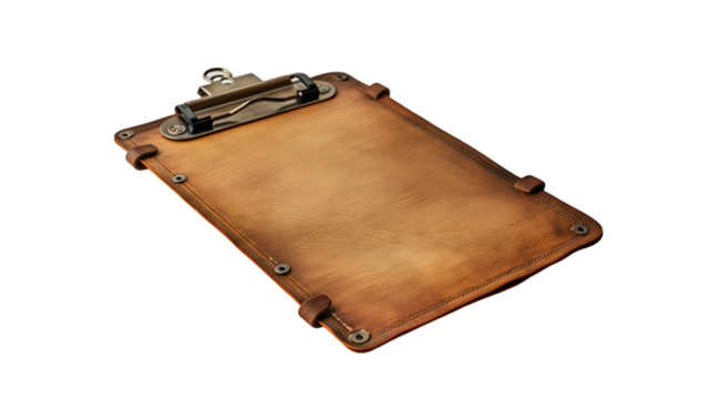 Brown Leather Clipboard Vintage Padfolio, Rustic Design for Office Use, isolated on transparent background.