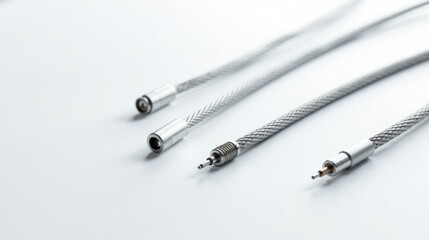 Fototapeta premium Close-up view of three metallic braided cables with different connectors, showcasing their intricate design and robust construction, ideal for industrial or technological applications.