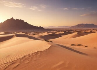 Sunset over a vast desert landscape with towering sand dunes and rocky outcrops, arid landscape, sunset desert