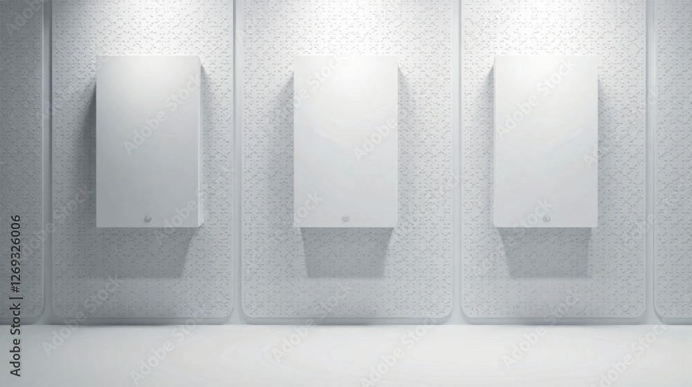 Poster clean minimalist white wall panels with subtle texture and recessed lighting
