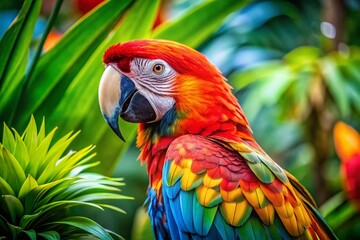 Obraz premium Vibrant Parrot Close-up: Tropical Bird with Bold Feathers in Lush Foliage