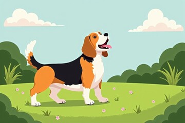 Cheerful beagle howling outdoors in a vibrant, green landscape under a clear blue sky. Concept highlights joyful moments with beagle howling in nature, capturing its playful spirit.