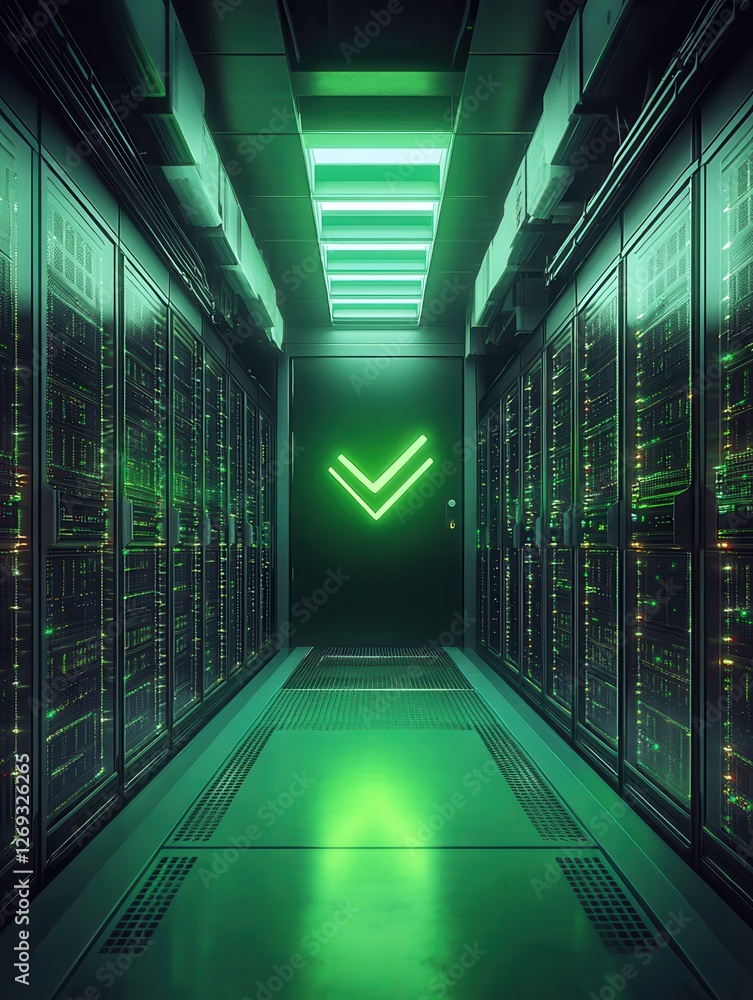 Poster secure digital data processing server room technology, with a green checkmark indicating successful 