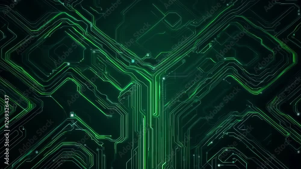 Poster abstract green circuit board design with digital network connections on dark background concept of t