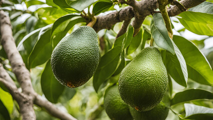 Avocado fruits in their ripe state growing on the tree as a crop