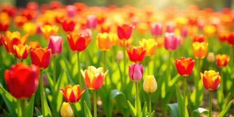 Vibrant Spring Meadow of Colorful Tulips Bathed in Golden Sunlight A Pastoral Scene of Blooming Flowers