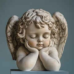 A serene, decorative angel sculpture featuring a cherubic face with delicate details, symbolizing peace and tranquility.