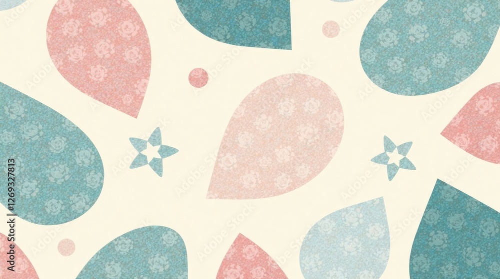 Poster Abstract Pastel Teardrop and Star Pattern Design with Soft Floral Textures in a Seamless Repeat
