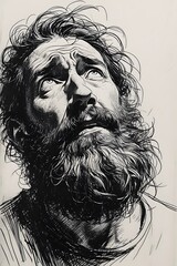 Fototapeta premium A rugged man with a beard and tousled hair, gazing upwards in a thoughtful expression, captured in a detailed black and white ink drawing.