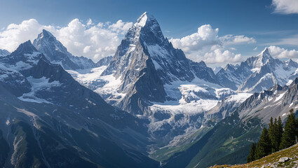 Fototapeta premium Majestic mountain peaks rising above glacier valley under cloudscape