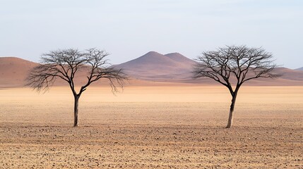 Two Bare Trees Stand Alone in a Desert Landscape