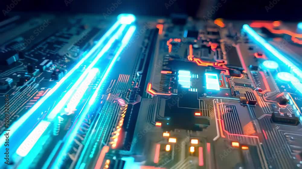 Poster close-up view of colorful circuit board with glowing neon lights concept of technology, electronics,