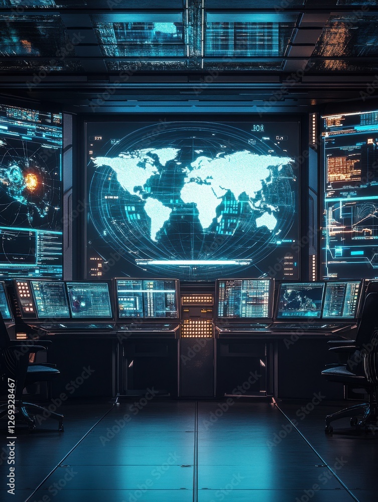 Poster a futuristic control room with multiple screens displaying data and a world map.