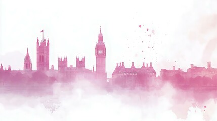 A beautiful watercolor illustration of London skyline featuring iconic buildings in soft pink hues, perfect for art lovers and city enthusiasts.
