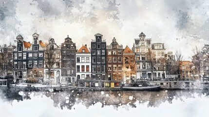 Obraz premium Stunning watercolor view of Amsterdam's iconic canal houses reflecting a serene winter atmosphere with soft snowflakes overlay.