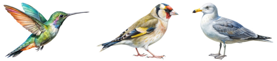 Vibrant bird illustrations, colorful hummingbird, detailed goldfinch, realistic seagull, nature art, wildlife decor.