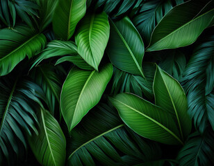 lush dark green leaves highlighting their vivid texture and natural beauty the leaves overlap creating a rich tropical feel with vibrant contrast and a sense of depth