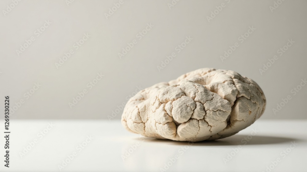 Poster A Textured Beige Object Rests on a Smooth Surface, Displaying a Unique Organic Form and Intricate Detail.