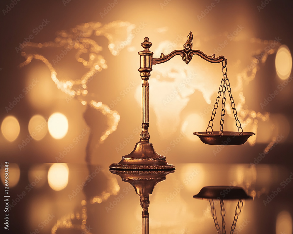 Poster a golden justice scale with a blurred world map in the background, symbolizing law, fairness, and gl
