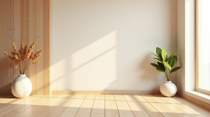 Serene Minimalist Room Interior Design with Natural Light and Simple Decor Featuring Wooden Walls and Floor