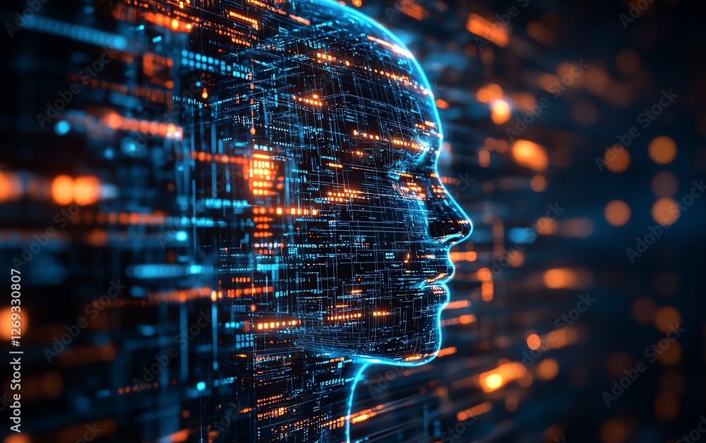 Poster machine learning infographic, showcasing the training process, algorithms, and output, blurred backg