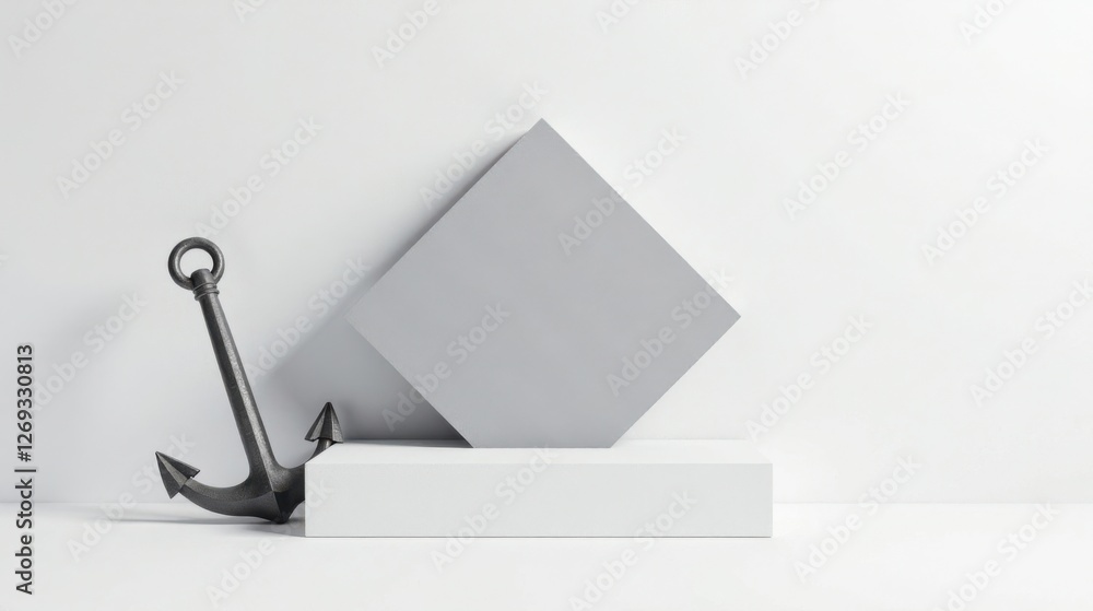 Aufkleber minimalist composition featuring a dark anchor and a gray geometric shape on a white platform