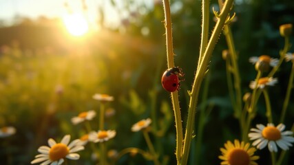 Obraz premium Tiny red ladybug crawling along the stem of a tall camomile plant as the sun casts a warm glow over the garden and surrounding foliage, camomile plant, red ladybug