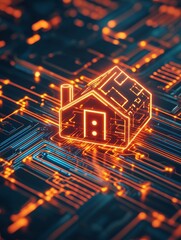 Smart system management and smart home technologies concept with glowing digital home icon surrounded by circuit lines, IOT on dark background. 3D rendering
