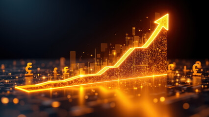 Financial growth and prosperity indicated by ascending lines of light with currency symbols and a positive upward trend.