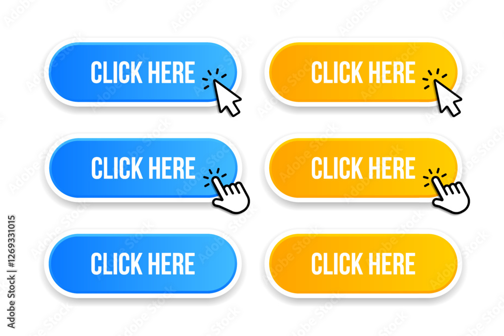 Fototapete Click here web buttons with hand cursor. Set of action button with arrow pointer. Click button. Modern action button mouse click symbol. Computer mouse click cursor or Hand pointer symbol.