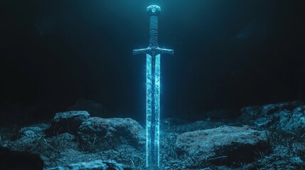 Fototapeta premium Magical Glowing Sword in Cinematic Atmosphere with Ethereal Lighting Effects