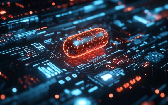 Realistic pharmaceutical pill surrounded by a science analysis interface with dynamic medical data, molecular analysis, and cuttingedge healthcare technology, 8K resolution