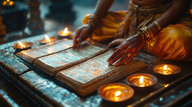 Vedas scripture pages being carefully turned during a sacred Hindu ritual, with glowing lamps nearby