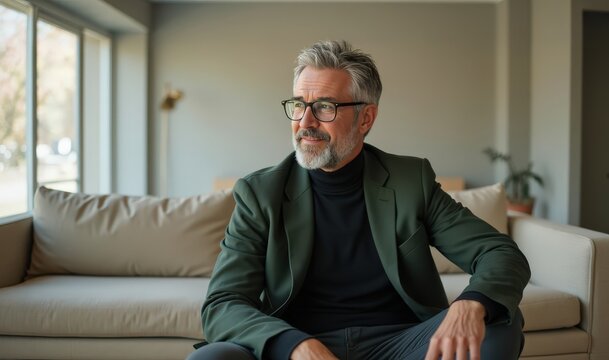 Gentleman in a green blazer sits pensively on a modern couch