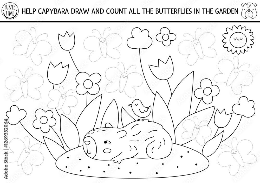 Poster Vector black and white handwriting practice worksheet with capybara in the garden. Printable line activity for preschool kids with animals. Tracing game, coloring page. Draw the butterfly