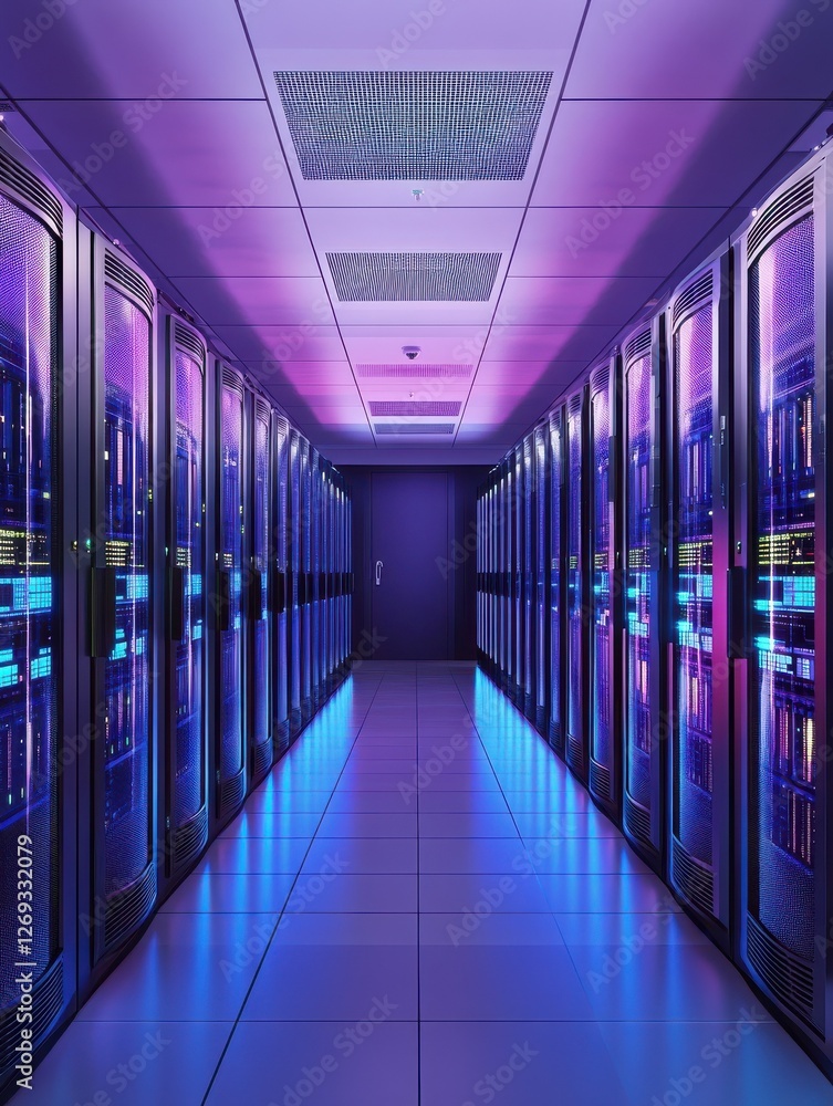 Poster futuristic server room with ai-enhanced processing, data flow visualization with light trails throug