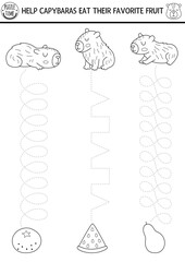 Vector black and white handwriting practice worksheet with capybaras, tangerine. Printable line activity for preschool kids with animals. Tracing game, coloring page. Help capibaras eat favorite fruit