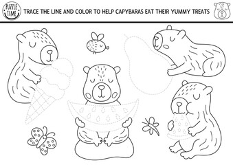 Capybara black and white drawing, writing, tracing and coloring page for kids with animals eating ice-cream, watermelon. Capibara preschool printable activity, game, handwriting practice puzzle
